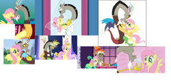 Size: 2755x1300 | Tagged: safe, artist:discordedproductions, artist:spottedlions, edit, editor:incredibubbleirishguy, discord, fluttershy, pegasus, pony, fanfic:bride of discord, g4, keep calm and flutter on, make new friends but keep discord, what about discord?, collage, crown, dancing, engagement ring, female, holding hands, holding hooves, jewelry, kiss on the lips, kissing, male, mare, marriage proposal, pink mane, pink tail, regalia, ring, ship:discoshy, shipping, straight, tail, yellow coat