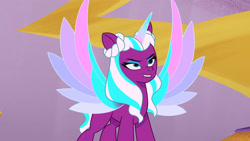 Size: 3072x1727 | Tagged: safe, screencap, opaline arcana, alicorn, pony, g5, i've seen fire and i've seen rain (bows), my little pony: tell your tale, spoiler:g5, spoiler:my little pony: tell your tale, spoiler:tyts01e54, female, lip bite, mare, solo, spread wings, wings