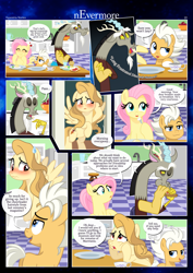 Size: 3259x4607 | Tagged: safe, artist:estories, discord, fluttershy, oc, oc:alice goldenfeather, oc:fable, draconequus, pegasus, pony, comic:nevermore, g4, ..., apple, blushing, bread, breakfast, comic, cup, eating, egg, eyes closed, food, implied shipping, jam, messy mane, mouth hold, muffin, open mouth, pegasus oc, question mark, show accurate, speech bubble, teacup, toast, toaster
