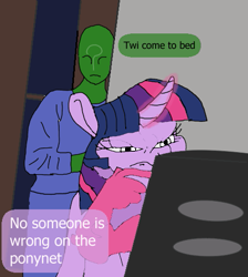 Size: 459x512 | Tagged: artist needed, safe, twilight sparkle, oc, oc:anon, human, pony, unicorn, g4, computer, dialogue, meme, ponified meme