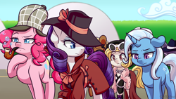 Size: 3840x2160 | Tagged: safe, artist:vladivoices, pinkie pie, rarity, trixie, earth pony, pony, unicorn, g4, bubble pipe, deerstalker, detective, detective rarity, hat, high res, pipe, princess trixie sparkle, princess trixie sparkle 2, sherlock holmes, sherlock pie, sunglasses