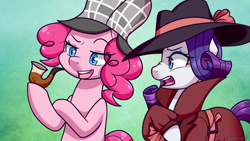 Size: 3840x2160 | Tagged: safe, artist:vladivoices, pinkie pie, rarity, earth pony, pony, unicorn, g4, bubble pipe, deerstalker, detective, detective rarity, duo, gradient background, hat, high res, pipe, princess trixie sparkle, princess trixie sparkle 2, sherlock holmes, sherlock pie