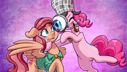 Size: 3840x2160 | Tagged: safe, artist:vladivoices, pinkie pie, earth pony, pegasus, pony, g4, bubble pipe, deerstalker, detective, duo, gradient background, hat, high res, magnifying glass, pipe, princess trixie sparkle, princess trixie sparkle 2, sherlock holmes, sherlock pie