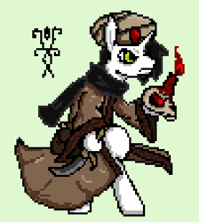 Size: 604x673 | Tagged: safe, artist:damset, oc, oc only, oc:observer, pony, unicorn, clothes, dagger, darkest dungeon, green background, male, male oc, ms paint, occultist, pixel art, simple background, skull, solo, weapon