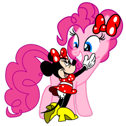 Size: 2800x2800 | Tagged: source needed, safe, artist:fanvideogames, pinkie pie, g4, bloomers, bow, clothes, dress, female, hair bow, high res, hug, minnie mouse, shoes, simple background, smiling, transparent background