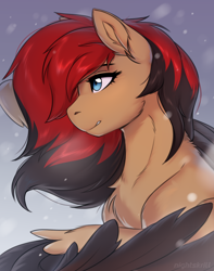 Size: 1968x2492 | Tagged: safe, artist:nightskrill, oc, oc only, oc:lia shaikan, oc:lya the shaikan, pegasus, pony, black and red mane, blue eyes, brown coat, ears up, eyelashes, feathered wings, female, mare, pegasus oc, pony oc, simple background, solo, two toned mane, wings, winter