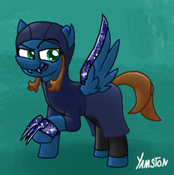 Size: 663x667 | Tagged: safe, artist:yamston, oc, oc only, oc:scamp, earth pony, pony, fanfic:living the dream, blue coat, brown mane, clothes, fanfic art, fangs, female, green eyes, hood, mare, parent:oc:adry, parent:oc:darkest bleak, solo, torn ear, weapon, wings