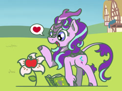 Size: 1800x1350 | Tagged: safe, artist:flutterluv, part of a set, starlight glimmer, kirin, g4, apple, atg 2023, book, flower, food, heart, kirin-ified, newbie artist training grounds, smiling, solo, species swap