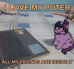 Size: 2098x1963 | Tagged: safe, artist:cardigansandcats, sci-twi, twilight sparkle, pony, unicorn, equestria girls, g4, chest fluff, computer, cute, daaaaaaaaaaaw, glasses, laptop computer, meme, micro, photo, ponified animal photo, ponified meme, sitting, solo, text, tiny, tiny ponies, twiabetes