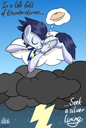 Size: 1500x2250 | Tagged: safe, artist:notadeliciouspotato, soarin', pegasus, pony, g4, atg 2023, clothes, cloud, cute, food, male, newbie artist training grounds, on a cloud, pie, scarf, signature, sleeping, sleeping on a cloud, smiling, soarinbetes, solo, stallion, text, thunderstorm