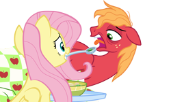 Size: 4000x2400 | Tagged: safe, anonymous artist, big macintosh, fluttershy, earth pony, pegasus, pony, g4, growing up is hard to do, bags under eyes, blanket, couch, duo, female, food, grin, high res, lying down, male, mare, messy mane, mouth hold, on back, open mouth, ship:fluttermac, shipping, sick, simple background, smiling, soup, spoon, stallion, straight, tongue out, transparent background, vector