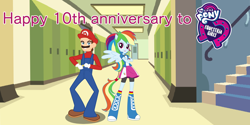 Size: 2000x1000 | Tagged: safe, artist:atomicmillennial, artist:luisstormcardoso, artist:sugar-loop, artist:user15432, rainbow dash, human, equestria girls 10th anniversary, equestria girls, g4, anniversary, barely eqg related, boots, canterlot high, cap, clothes, crossed arms, crossover, crossover shipping, equestria girls logo, equestria girls style, equestria girls-ified, female, gloves, happy anniversary, hat, lockers, looking at you, male, maridash, mario, mario's hat, mariodash, my little pony logo, overalls, pegasus wings, ponied up, shipping, shirt, shoes, smiling, smiling at you, straight, super mario bros., undershirt, wings