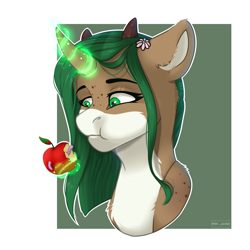 Size: 2000x2000 | Tagged: source needed, safe, artist:villjulie, oc, oc:elen, deer, deer pony, hybrid, original species, pony, abstract background, apple, dryad (elepatrium), elepatrium, elepatrium universe, food, green eyes, high res, horns, solo, universe elepatrium