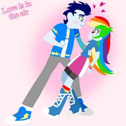 Size: 1400x1400 | Tagged: safe, artist:mlplary6, rainbow dash, soarin', human, equestria girls, g4, blushing, boyfriend and girlfriend, female, looking at each other, looking at someone, love, male, ship:soarindash, shipping, smiling, straight, text