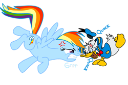 Size: 1095x730 | Tagged: safe, artist:fanvideogames, rainbow dash, g4, angry, disney, donald duck, female, looking at each other, looking at someone, male, simple background, transparent background