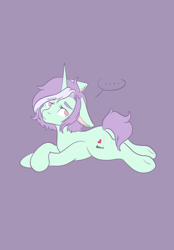 Size: 1423x2048 | Tagged: safe, artist:mscolorsplash, oc, oc only, oc:mod chi, pony, unicorn, ..., butt, crossed hooves, eyebrows, eyebrows visible through hair, female, frown, lying down, mare, no pupils, plot, prone, purple background, simple background, solo, sploot, underhoof