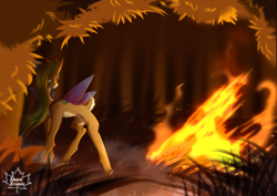 Size: 4093x2894 | Tagged: safe, alternate version, artist:ahorn_krummi, oc, oc:elen, deer, deer pony, hybrid, original species, pony, dryad (elepatrium), elepatrium, elepatrium universe, fire, horns, solo, universe elepatrium