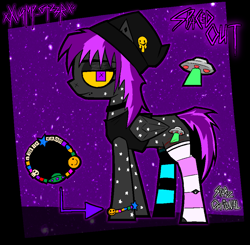 Size: 1910x1870 | Tagged: safe, artist:xxv4mp_g4z3rxx, oc, oc only, oc:spaced out, pegasus, pony, arrow, beanie, bracelet, clothes, collar, colored sclera, ear piercing, eyeliner, eyeshadow, folded wings, gray coat, hat, jewelry, kandi bracelet, lip piercing, looking at you, makeup, mismatched socks, nonbinary, piercing, purple eyes, reference sheet, scar, self harm, self harm scars, signature, skull, smiley face, smiling, socks, solo, standing, tail, tank top, torn clothes, two toned mane, two toned tail, ufo, wings, yellow sclera