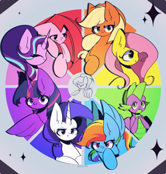 Size: 2048x2150 | Tagged: safe, artist:miryelis, applejack, fluttershy, pinkie pie, rainbow dash, rarity, spike, starlight glimmer, twilight sparkle, alicorn, dragon, earth pony, pegasus, pony, unicorn, g4, big ears, color wheel, color wheel challenge, colored, female, high res, long hair, looking at you, mane seven, mane six, pinkamena diane pie, raised hoof, simple background, smiling, spread wings, twilight sparkle (alicorn), winged spike, wings