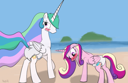 Size: 1659x1080 | Tagged: safe, artist:drasill, princess cadance, princess celestia, alicorn, pony, g4, beach, blushing, butt, diaper, diaper fetish, duo, duo female, embarrassed, female, fetish, island, mare, non-baby in diaper, ocean, plot, raised hoof, tail, tail hole, water