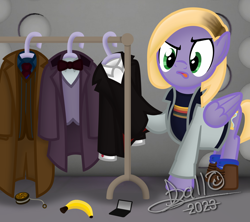 Size: 1756x1561 | Tagged: safe, artist:tidmouthmilk12, doctor whooves, time turner, human, pegasus, g4, atg 2023, banana, blazer, boots, bowtie, cashmere, clothes, crossover, doctor who, eleventh doctor, food, frock coat, jodie whittaker, necktie, newbie artist training grounds, overcoat, pants, pinstripe, psychic paper, seal of rassilon, shirt, shoes, socks, solo, t-shirt, tenth doctor, thirteenth doctor, trenchcoat, twelfth doctor, yo-yo