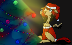 Size: 1618x1000 | Tagged: artist needed, source needed, safe, oc, oc only, oc:lia shaikan, oc:lya the shaikan, pegasus, pony, black background, christmas, christmas tree, clothes, colored wings, costume, happy new year, hat, heterochromia, holiday, santa costume, santa hat, simple background, solo, tree, two toned mane, two toned wings, wings