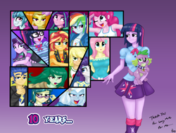 Size: 4032x3024 | Tagged: safe, artist:lennondash, adagio dazzle, applejack, aria blaze, flash sentry, fluttershy, juniper montage, pinkie pie, rainbow dash, rarity, sci-twi, sonata dusk, spike, starlight glimmer, sunset shimmer, trixie, twilight sparkle, wallflower blush, dog, human, equestria girls 10th anniversary, equestria girls, g4, boots, clothes, collar shirt, cutie mark on clothes, female, glasses, gradient background, grin, hat, hooded sweater, humane five, humane seven, humane six, leg warmers, looking at you, looking back, looking up, male, one eye closed, pants, puffy sleeves, ripped pants, shirt, shirt with a collar, shoes, skirt, smiling, spike the dog, sweater, tank top, teenager, text, torn clothes, twolight, wink