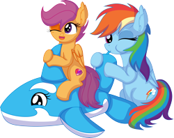 Size: 8230x6522 | Tagged: safe, artist:cyanlightning, rainbow dash, scootaloo, pegasus, pony, whale, g4, air nozzle, blowing, cute, cutealoo, dashabetes, ear fluff, female, filly, foal, inflatable, inflatable toy, inflatable whale, inflating, looking at you, loonerdash, mare, one eye closed, pool toy, puffy cheeks, rainblow dash, riding, scootalove, siblings, simple background, sisters, summer, transparent background, vector, wink