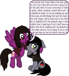Size: 1989x2158 | Tagged: safe, artist:lightningbolt, derpibooru exclusive, pegasus, pony, unicorn, g4, .svg available, best friends, blushing, clothes, dialogue, disguise, disguised siren, duo, duo male, ears back, embarrassed, fangs, flying, horn, hug, jewelry, kellin quinn, male, necklace, nose piercing, open mouth, pierce the veil, piercing, ponified, shirt, show accurate, simple background, sitting, sleeping with sirens, slit pupils, speech bubble, spread wings, stallion, svg, t-shirt, talking, transparent background, vector, vic fuentes, wings