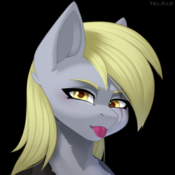 Size: 1024x1024 | Tagged: safe, artist:villjulie, derpy hooves, pegasus, pony, g4, :p, black background, bust, eye scar, facial scar, mlp-rd, scar, simple background, solo, tongue out