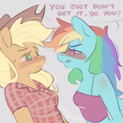 Size: 3600x3600 | Tagged: safe, artist:goshhhh, applejack, rainbow dash, earth pony, pegasus, anthro, g4, blushing, bust, clothes, dialogue, duo, duo female, female, high res, lesbian, looking at each other, looking at someone, ship:appledash, shipping, text