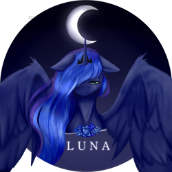 Size: 2652x2652 | Tagged: safe, artist:fierce-death, artist:fierke_death, princess luna, alicorn, pony, g4, bust, crescent moon, floppy ears, flower, hair over one eye, high res, moon, solo