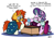 Size: 2354x1660 | Tagged: safe, artist:bobthedalek, starlight glimmer, sunburst, pony, unicorn, g4, atg 2023, beard, blaze (coat marking), clothes, coat markings, duo, facial hair, facial markings, female, goatee, jacket, male, mare, newbie artist training grounds, older, older starlight glimmer, older sunburst, sewing machine, shirt, simple background, skirt, socks (coat markings), stallion, sunburst the bearded, white background