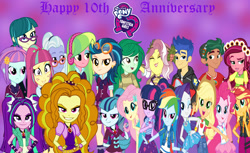 Size: 2500x1528 | Tagged: safe, artist:seanhorace, adagio dazzle, applejack, aria blaze, flash sentry, fluttershy, gloriosa daisy, indigo zap, juniper montage, lemon zest, pinkie pie, rainbow dash, rarity, sci-twi, sonata dusk, sour sweet, sunny flare, sunset shimmer, timber spruce, twilight sparkle, vignette valencia, wallflower blush, human, equestria girls 10th anniversary, equestria girls, g4