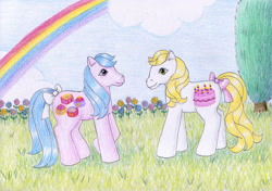 Size: 1064x751 | Tagged: safe, artist:normaleeinsane, sweet delight, vanilla treat, earth pony, pony, g1, blue mane, bow, delightabetes, duo, female, flower, mare, outdoors, pink coat, rainbow, smiling, tail, tail bow, tree, vanillabetes, white coat, yellow mane