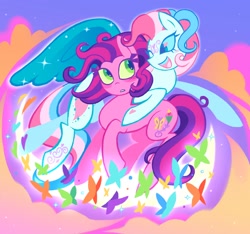 Size: 1600x1496 | Tagged: safe, artist:poppyr0ckz, skywishes, star catcher, butterfly, earth pony, pegasus, pony, g3, cloud, duo, open mouth, smiling