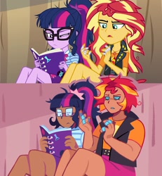 Size: 1250x1350 | Tagged: safe, artist:poppyr0ckz, sci-twi, sunset shimmer, twilight sparkle, human, equestria girls, equestria girls specials, g4, my little pony equestria girls: better together, my little pony equestria girls: rollercoaster of friendship, bandaid, book, clothes, glasses, redraw, sitting
