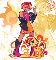 Size: 1450x1550 | Tagged: safe, artist:poppyr0ckz, sunset shimmer, human, pony, unicorn, equestria girls, g4, alternate hairstyle, choker, clothes, devil horn (gesture), fiery shimmer, fire, jacket, leather, leather jacket, short hair, smiling, spiked choker