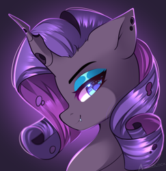 Size: 1497x1541 | Tagged: safe, artist:airiniblock, rarity, changeling, rcf community, g4, bust, changelingified, digital art, eye clipping through hair, female, gradient background, horn, icon, looking at you, looking back, looking back at you, mare, purple background, purple changeling, purple eyes, purple mane, rariling, signature, simple background, solo, species swap