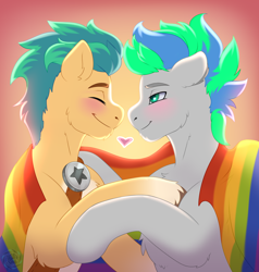 Size: 1900x2000 | Tagged: safe, artist:fkk, oc, earth pony, pony, commission, eyes closed, gay, looking at each other, looking at someone, love, male, pride flag, stallion, two toned mane