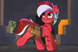 Size: 2272x1526 | Tagged: safe, artist:joaothejohn, oc, oc only, oc:flamebrush, pegasus, pony, backpack, cave, creeper, cute, lantern, lava, looking up, male, male oc, minecraft, pegasus oc, pickaxe, solo, walking, wings