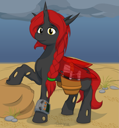 Size: 1125x1200 | Tagged: safe, artist:terminalhash, oc, oc only, oc:scarlett storm, changeling, pony, fallout equestria, commission, holster, laser pistol, pipbuck, red changeling, rock, sand, solo, vector, wasteland, weapon