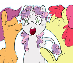 Size: 1280x1114 | Tagged: safe, artist:pencilsandstencils, apple bloom, scootaloo, sweetie belle, earth pony, pegasus, pony, unicorn, g4, cheek kiss, chest fluff, cutie mark crusaders, eyes closed, female, heart, kiss sandwich, kissing, lesbian, open mouth, polyamory, ship:scootabelle, ship:scootabloom, ship:sweetiebloom, ship:sweetiebloomaloo, shipping, simple background, starry eyes, white background, wingding eyes