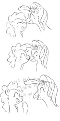 Size: 600x1200 | Tagged: safe, artist:pencilsandstencils, pinkie pie, princess skystar, earth pony, hippogriff, pony, g4, my little pony: the movie, duo, eyes closed, kissing, laughing, monochrome, open mouth, simple background, text, white background