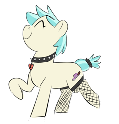 Size: 1280x1340 | Tagged: safe, artist:pencilsandstencils, coco pommel, earth pony, pony, g4, choker, eyes closed, fishnet stockings, punk, raised hoof, simple background, smiling, solo, spiked choker, white background