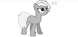 Size: 908x436 | Tagged: safe, oc, oc only, oc:kit, pony, unicorn, base used, demigirl, demigirl pride flag, gray coat, pink eyes, pride, pride flag, simple background, smiling, solo, tail, text, white background, white mane, white tail