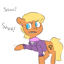 Size: 500x500 | Tagged: safe, artist:pencilsandstencils, ms. harshwhinny, earth pony, pony, g4, clothes, simple background, solo, text, white background