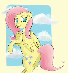 Size: 1097x1180 | Tagged: safe, artist:pencilsandstencils, fluttershy, pegasus, pony, g4, cloud, looking back, smiling, solo, standing on two hooves