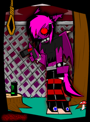 Size: 2138x2882 | Tagged: safe, artist:xxv4mp_g4z3rxx, oc, oc only, oc:violet valium, bat pony, anthro, bat pony oc, belt, clothes, cloud, collar, converse, drink, ear piercing, emo, energy drink, equine, eyeliner, fangs, gate, grass, gun, high res, hoodie, hospital band, makeup, monster energy, mushroom, nonbinary, noose, open mouth, piercing, scar, self harm, self harm scars, shoes, socks, solo, spiked collar, spiked wristband, striped socks, tail, torn clothes, tree, tree stump, two toned mane, two toned tail, weapon, wristband