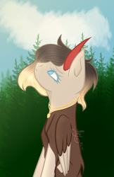 Size: 3500x5400 | Tagged: safe, artist:thecommandermiky, oc, oc only, oc:reagan, deer, deer pony, original species, blue eyes, cloud, deer oc, forest, forest background, horn, jewelry, looking up, non-pony oc, sky, solo, wings